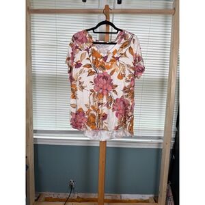 Floral V-Neck Short Sleeve Tee Cream Pink Orange Plus Size 1X